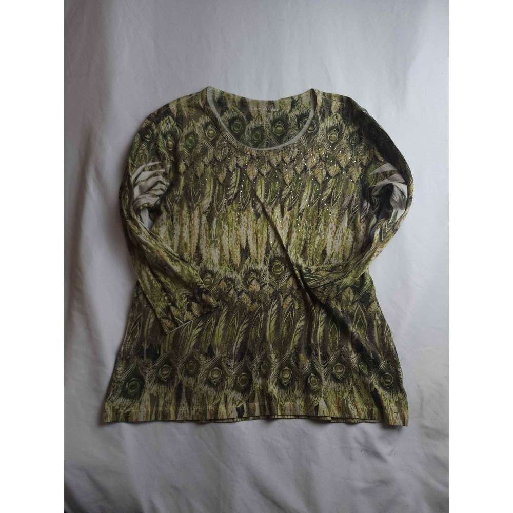 Jane Ashley Womens Green Peacock Feather Print Rhinestone Long‎ Sleeve Top Large
